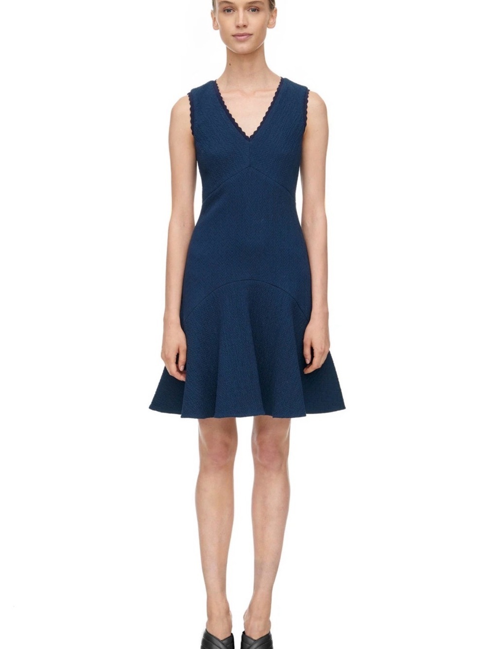 Rebecca Taylor Textured Sleeveless V-Neck Flare Cocktail Dress in Navy Size 8